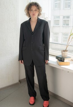 Vtg 80s Unisex Black Stripe Wool KENZO Trousers and Jacket