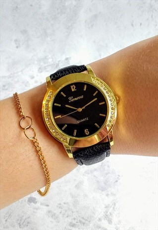 CLASSIC DIAMANTE WATCH GOLD-TONE BLACK