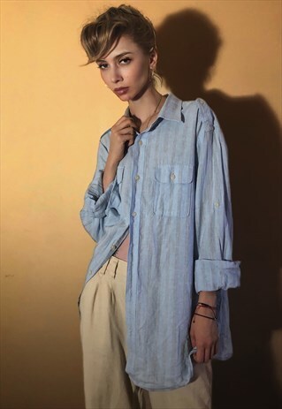 VINTAGE 3/4 LONG STRIPED POWDER BLUE LINEN SHIRT