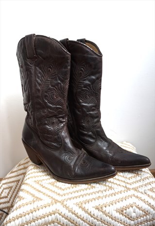 Vintage Brown Genuine Leather Cowboy Western Boots Shoes