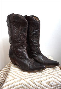 Vintage Brown Genuine Leather Cowboy Western Boots Shoes
