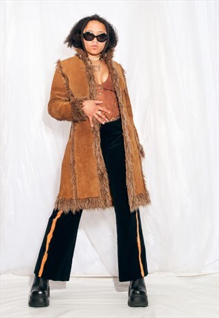 VINTAGE Y2K PENNY LANE LEATHER COAT IN BROWN W FAUX FUR TRIM