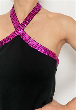 Vintage Black and Purple Sequin Knit Halter Top
