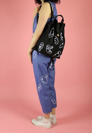 FACES PRINT COTTON BACKPACK - WHITE ON BLACK