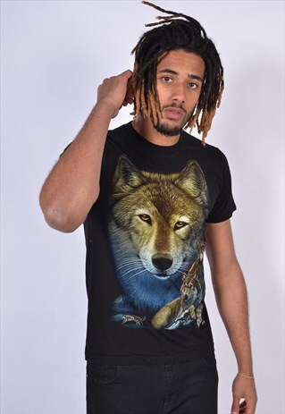 VINTAGE WOLF ANIMAL GRAPHIC PRINT T-SHIRT BLACK