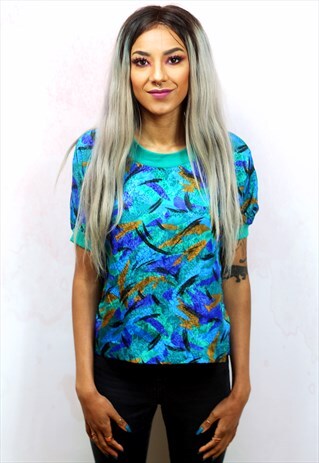 1990S VINTAGE GREEN SILKY PATTERNED T-SHIRT