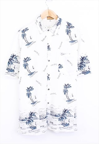 Vintage Thailand Hawaiian Shirt White With Beach Pattern 90s