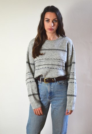 80S VINTAGE GREY LINE PATTERN WOOL BLEND KNIT JUMPER