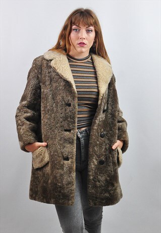 VINTAGE GREY & CREAM REVERSE SHEEPSKIN SHEARLING TEDDY COAT