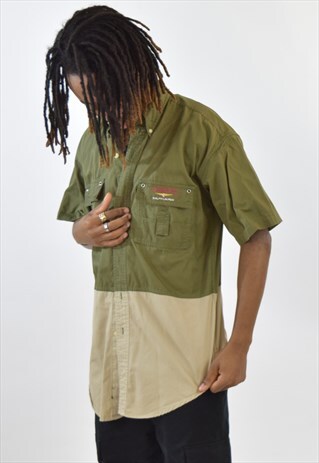 VINTAGE 90S GREEN BEIGE CHAPS RALPH LAUREN SAFARI SHIRT