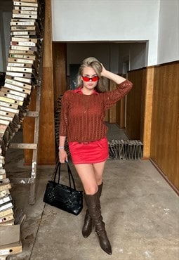 Vintage y2k crochet baggy blouse funky t-shirt in maroon 