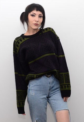 VINTAGE 90'S DARK ABSTRACT PATTERNED SLOUCHY JUMPER