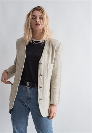 VINTAGE 70S BOHO LINEN JACKET WITH V-NECK