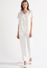 Women's Ecru Cotton Brode Patterned Pajama Set