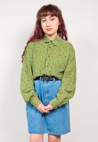 VINTAGE 90'S GREEN CORD FLORAL PRINT LONG SLEEVE SHIRT