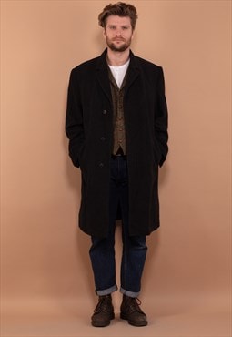 Vintage 80's Men Minimalist Wool Coat in Dark Grey