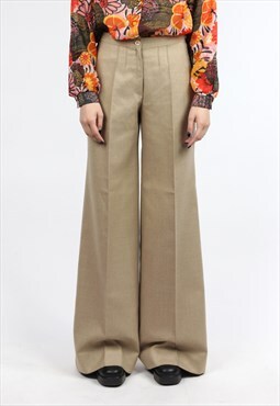 Vintage 70s High Waist Wide Led Flare Trousers Beige Small