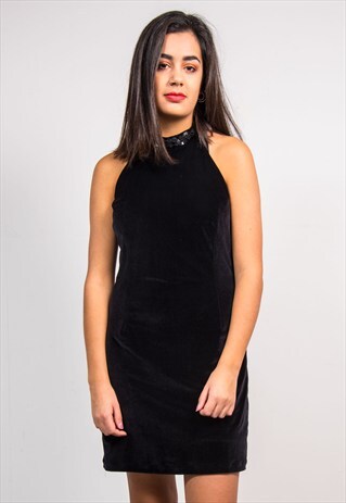 90'S VINTAGE BLACK HALTER NECK SEQUIN DETAIL MINI DRESS