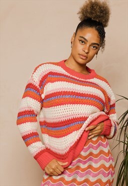 Red Tones Soft Chunky Stripe Crochet Knit Jumper