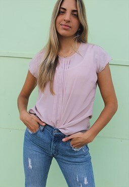 Pale Pink Crew Neck Short Sleeve Top with Pleated Detail