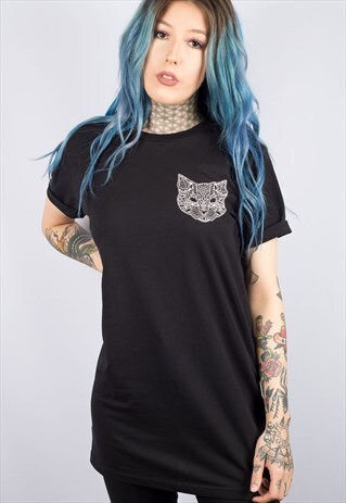 CAT MANDALA BLACK LONG LINE T-SHIRT