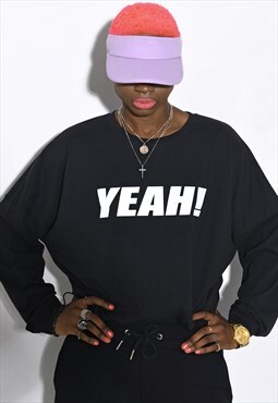 Yeah Drop Sleeve Long Sleeve Graphic Slogan T-Shirt in Black