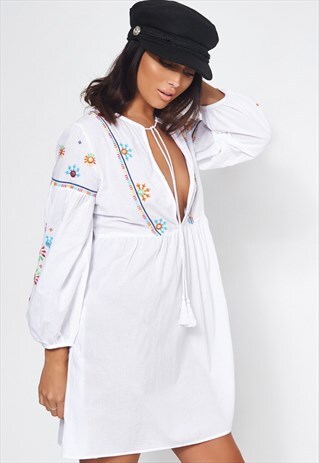 WHITE EMBROIDERED BEACH COVER UP DRESS