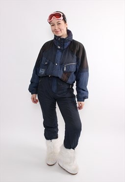 90s blue one piece ski suit, vintage black ski jumpsuit,