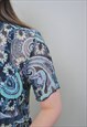 PAISLEY PRINT BLOUSE, WOMEN SHIRT FROM 90S IN BLUE COLOR