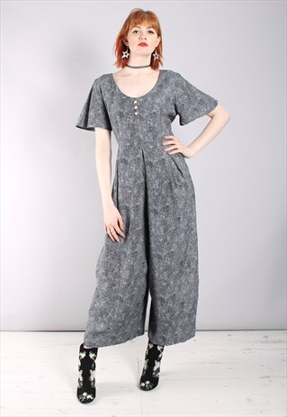 VINTAGE 80S FLORAL PATTERNED TIE BACK CULOTTE JUMPSUIT