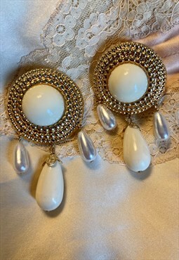 Gold White Pearl Huge Statement 80s Doorknocker Earrings