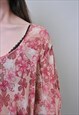 VINTAGE PINK FLOWERS BLOUSE, 90S PULLOVER OVERSIZED SHIRT