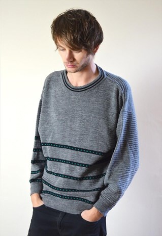 80S VINTAGE GREY & GREEN PATTERN KNIT JUMPER