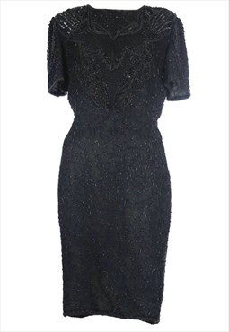 Vintage 80s Midi Dress Black Formal Beaded Sequin Fitted