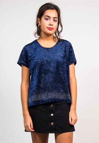 90'S VINTAGE DARK BLUE GLITTER VELVET TOP