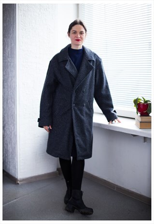 VINTAGE 80'S GREY PATTERNED WOOL DOUBLE BREASTED COAT