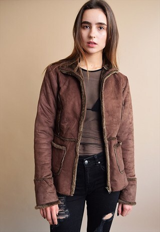 90'S RETRO FAUX SUEDE & FAUX FUR SHERPA SHEARLING JACKET