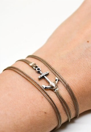 SILVER ANCHOR WRAP BRACELET WITH A BROWN CORD, GIFT FOR HER