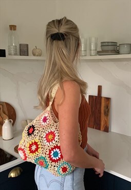 White Handmade Crochet Knitted Shoulder Bag Granny Square