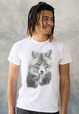 Wild Fox Cub T Shirt Pencil Sketch Drawing White Printed Tee