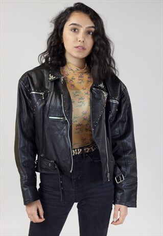 VINTAGE 90S BLACK DETAILED LEATHER JACKET