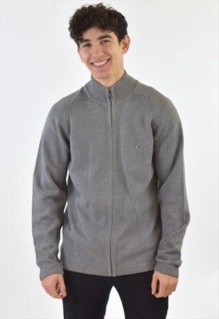 VINTAGE 90S GREY TOMMY HILFIGER ZIP UP KNIT JUMPER