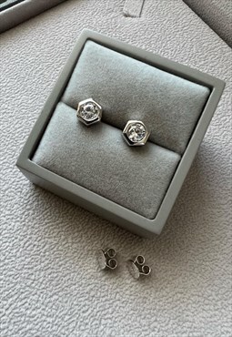Rhodium Plated over Silver Bolt CZ Stud Earrings for men 