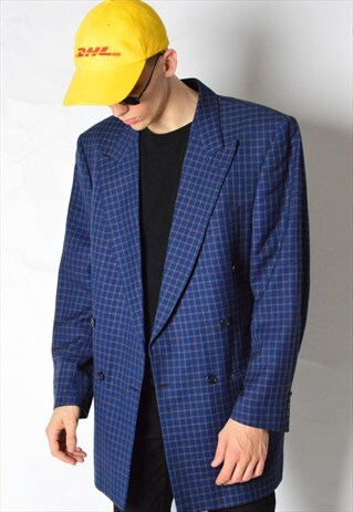 VINTAGE 90S NAVY BLUE CHECK WOOL SILK BLEND BLAZER