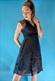 VINTAGE 1990S NAVY SHEER TEA DRESS WITH PAISLEY EMBROIDERY