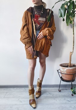 Vintage 90's Brown Oversized Suede Leather Parka Jacket