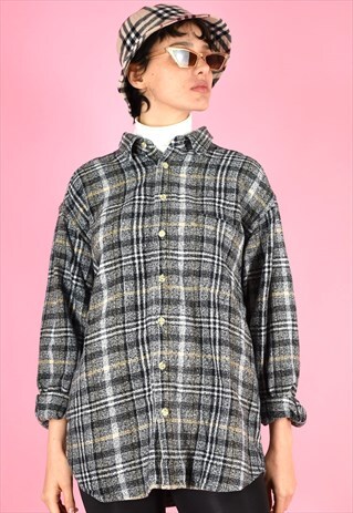 VINTAGE 90S FLANNEL SHIRT CHECK BLACK WHITE YELLOW OVERSIZED