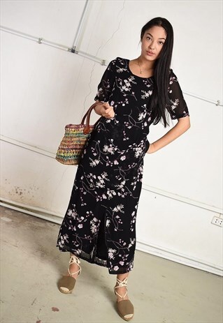VINTAGE 90S PARIS CHIC MAXI DRESS IN BLACK WITH FLORAL PRINT