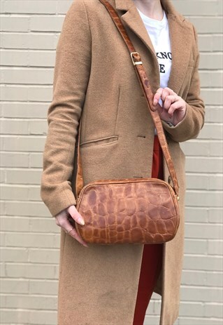 VINTAGE BROWN EMBOSSED CROCODILE CROSSBODY BAG