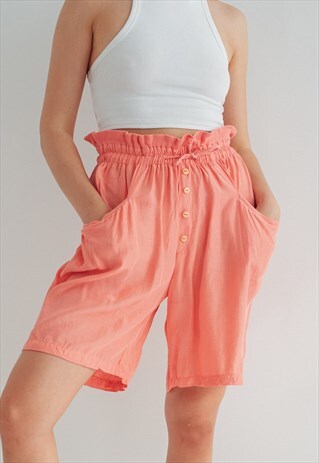 VINTAGE 70S BOHO PLEATED HIGH WAISTED MIDI SHORTS IN PEACH M